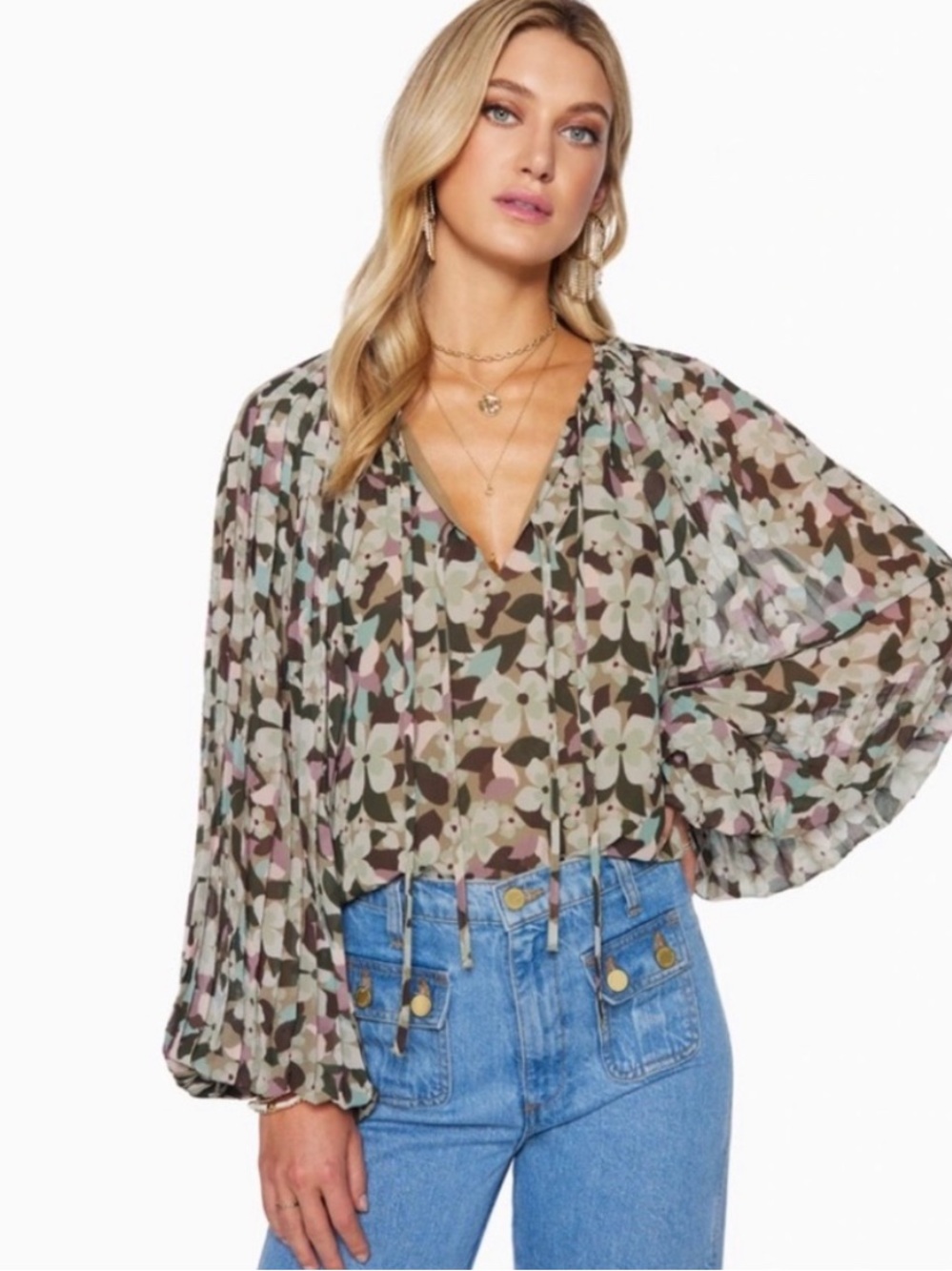 Ramy Brook chiffon blouse Long, Pleated sleeves, tie front Size M